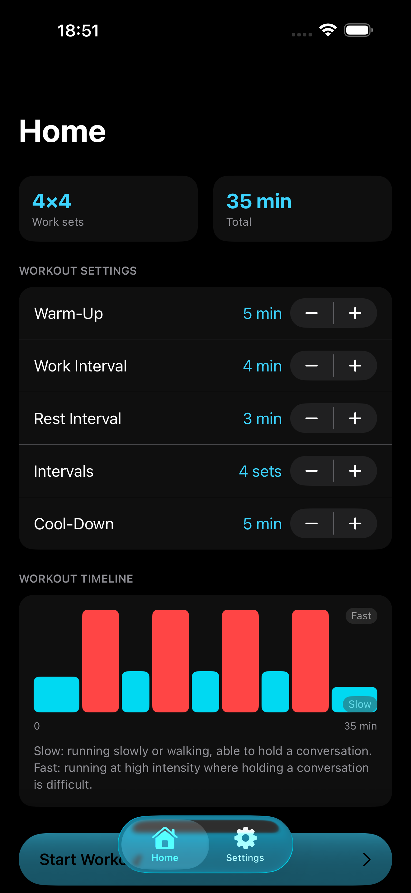 Home screen showing warm-up, work, rest, interval, and cool-down settings above a workout timeline chart