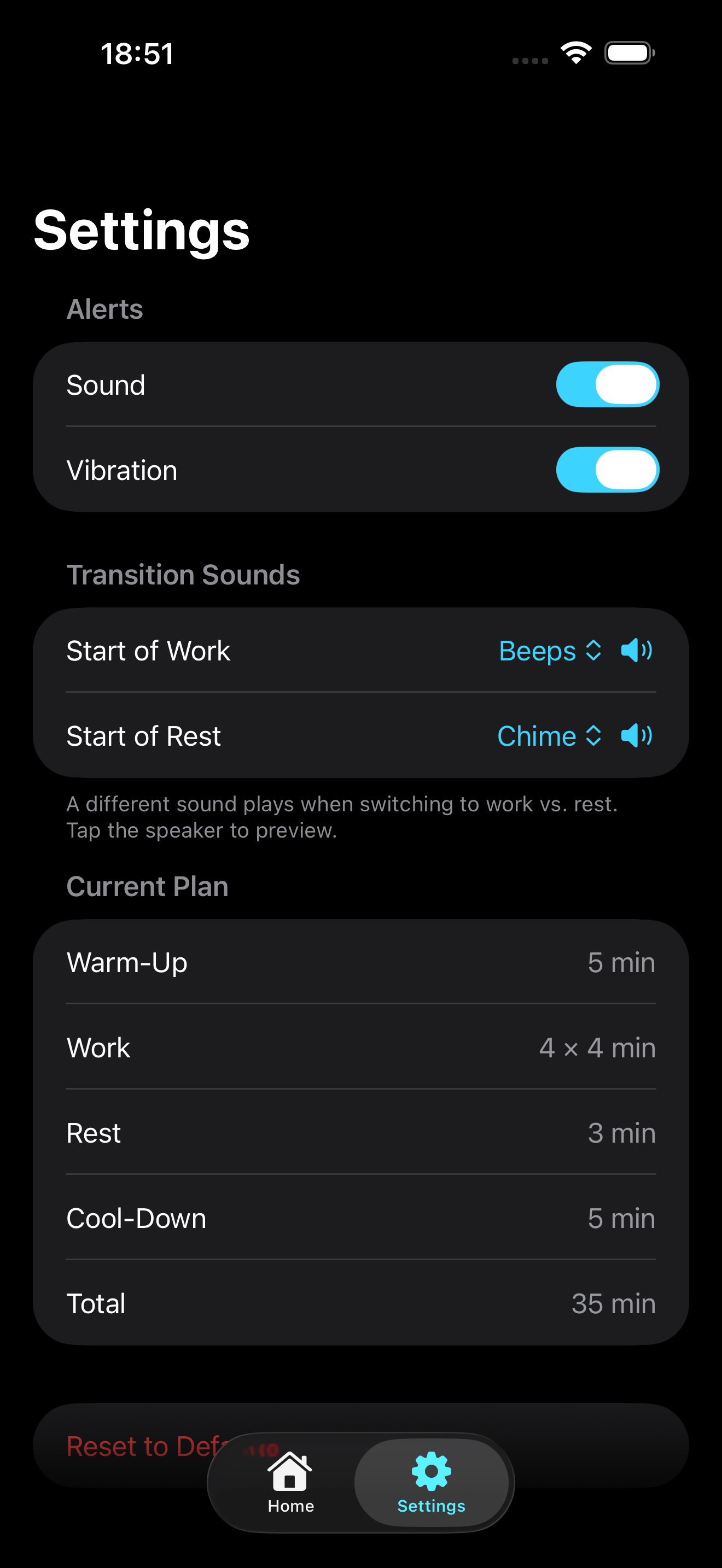 Settings screen with sound and vibration toggles and separate transition sounds for work and rest