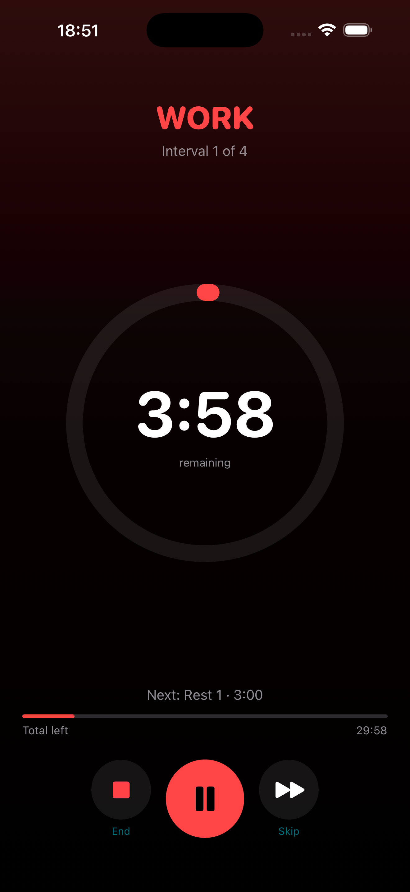 Live workout screen with a countdown ring reading 3:58 remaining during work interval 1 of 4